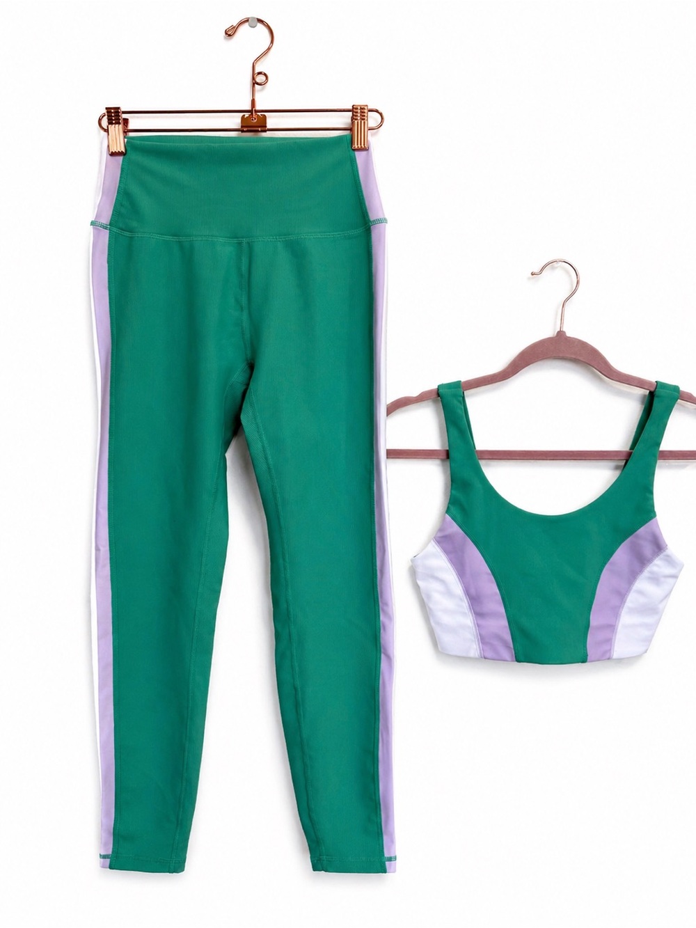 WILO Matching Activewear Set Green Ribbed Leggings & Sports Bra Colorblock S